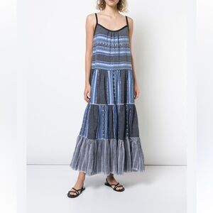Lemlem Blue Tiered Maxi Dress M Handwoven Gauze Striped Spaghetti Strap Boho